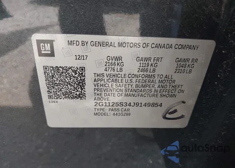 2018 Chevrolet Impala 2Lz из США, поврежденный, VIN 2G1125S34J9149854